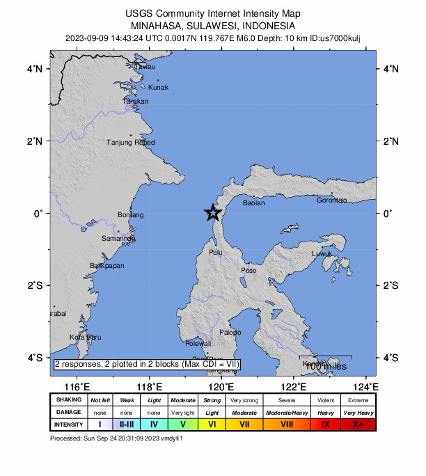 USGS DYFI community-reported intensity map for the M6.0 earthquake near 101 km N of Palu, Indonesia