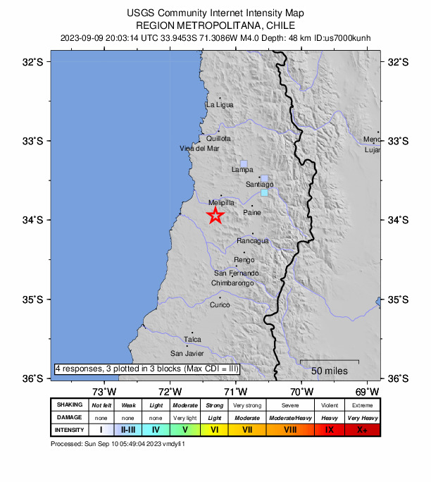 USGS DYFI community-reported intensity map for the M4.0 earthquake near 29 km SSW of Melipilla, Chile