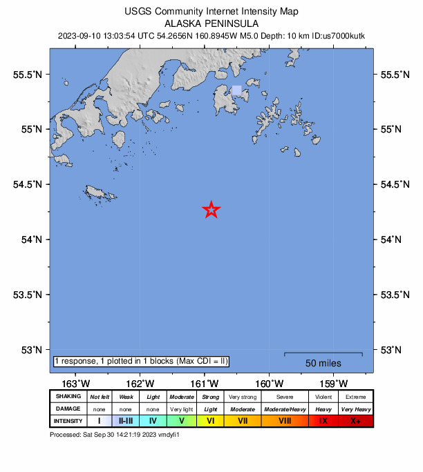 USGS DYFI community-reported intensity map for the M5.0 earthquake near 121 km SSW of Sand Point, Alaska