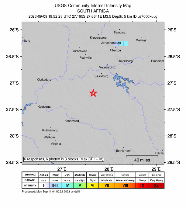 USGS DYFI community-reported intensity map for the M3.5 earthquake near 10 km ENE of Koppies, South Africa