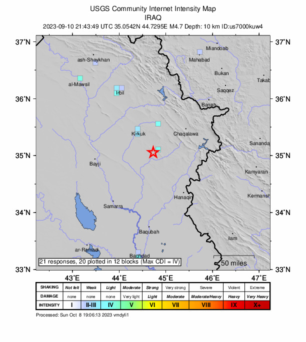 USGS DYFI community-reported intensity map for the M4.7 earthquake near 20 km NNE of Ţūz Khūrmātū, Iraq