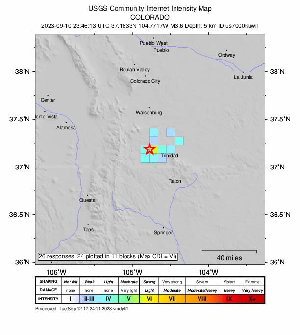 USGS DYFI community-reported intensity map for the M3.6 earthquake near 8 km NNW of Segundo, Colorado