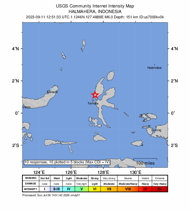 USGS DYFI community-reported intensity map for the M6.0 earthquake near 38 km NNE of Ternate, Indonesia