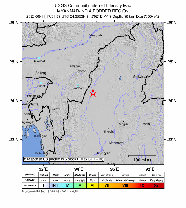 USGS DYFI community-reported intensity map for the M5.0 earthquake near 83 km ESE of Wāngjing, India