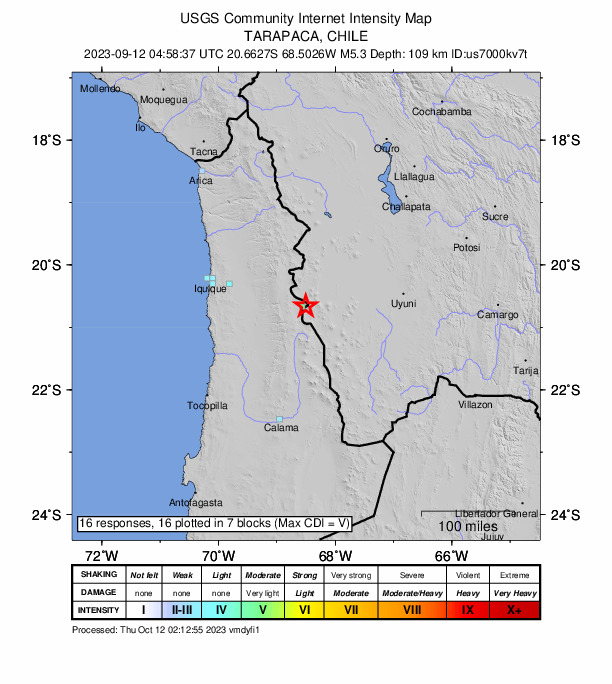 USGS DYFI community-reported intensity map for the M5.3 earthquake near Tarapaca, Chile