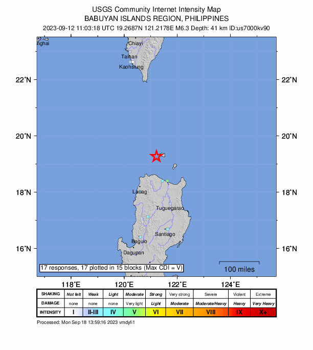 USGS DYFI community-reported intensity map for the M6.2 earthquake near 69 km N of Namuac, Philippines