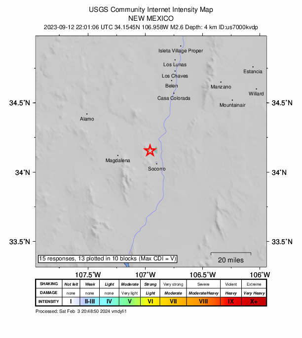 USGS DYFI community-reported intensity map for the M2.6 earthquake near 4 km W of Lemitar, New Mexico