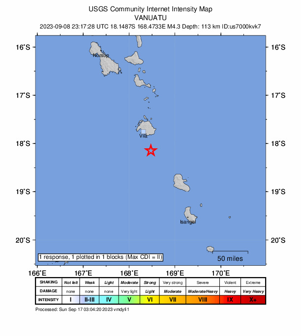 USGS DYFI community-reported intensity map for the M4.3 earthquake near 48 km SSE of Port-Vila, Vanuatu