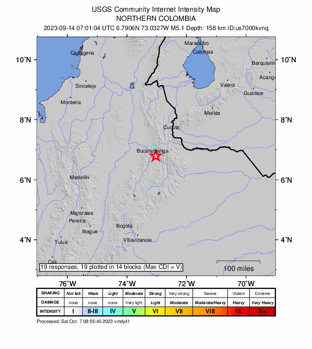 USGS DYFI community-reported intensity map for the M5.1 earthquake near 7 km WNW of Cepitá, Colombia