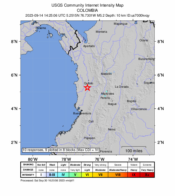 USGS DYFI community-reported intensity map for the M5.2 earthquake near 9 km S of El Cantón de San Pablo, Colombia
