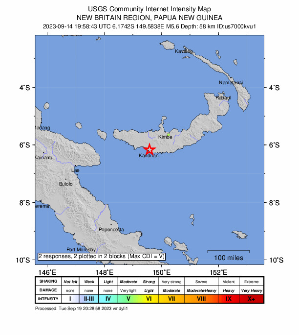 USGS DYFI community-reported intensity map for the M5.6 earthquake near 7 km NE of Kandrian, Papua New Guinea