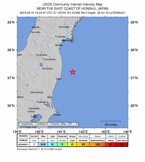 USGS DYFI community-reported intensity map for the M4.5 earthquake near 46 km ESE of Tomioka, Japan