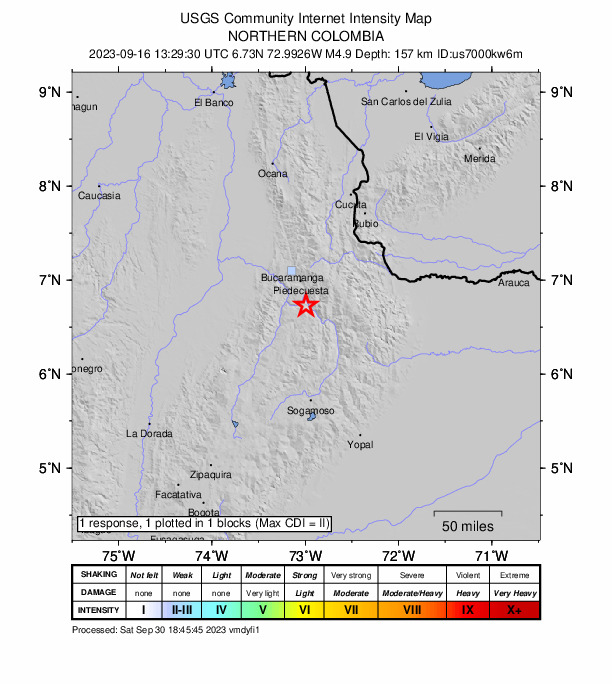 USGS DYFI community-reported intensity map for the M4.9 earthquake near 3 km SW of Cepitá, Colombia