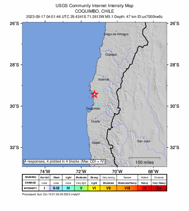 USGS DYFI community-reported intensity map for the M5.1 earthquake near 52 km N of La Serena, Chile