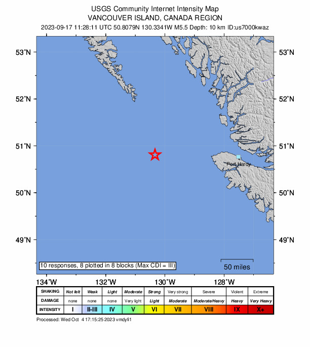 USGS DYFI community-reported intensity map for the M5.5 earthquake near 229 km W of Port McNeill, Canada