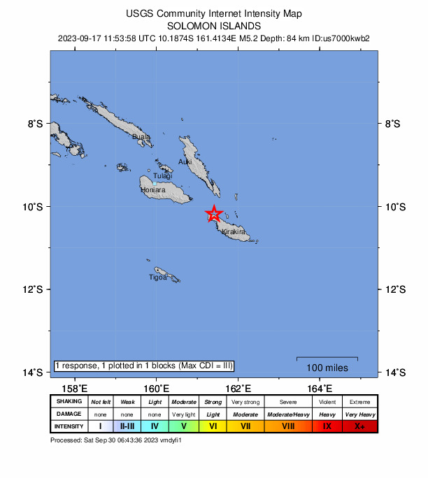 USGS DYFI community-reported intensity map for the M4.9 earthquake near 64 km WNW of Kirakira, Solomon Islands