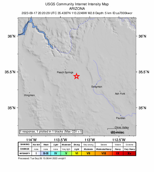 USGS DYFI community-reported intensity map for the M2.8 earthquake near 20 km ESE of Peach Springs, Arizona