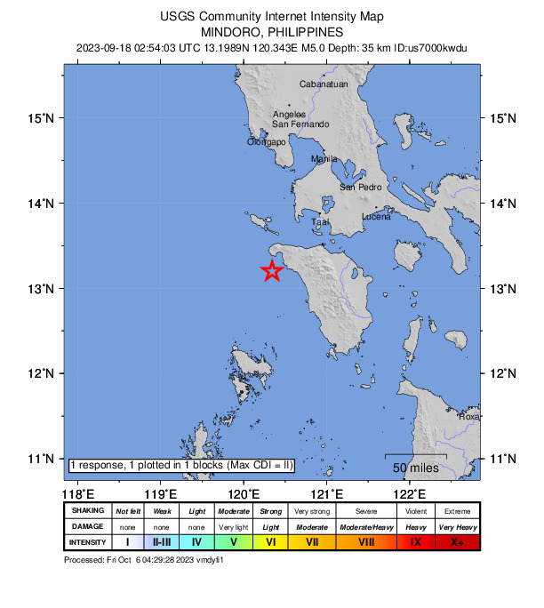 USGS DYFI community-reported intensity map for the M4.9 earthquake near 25 km W of Tayaman, Philippines