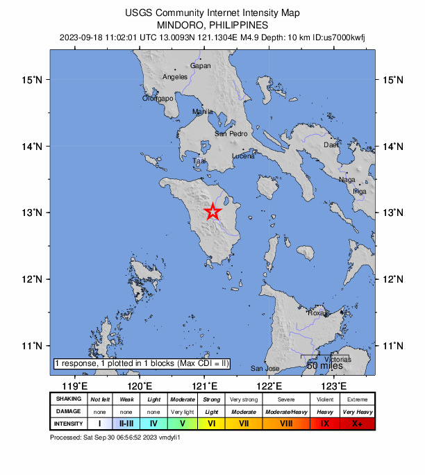 USGS DYFI community-reported intensity map for the M4.9 earthquake near 24 km SW of Victoria, Philippines