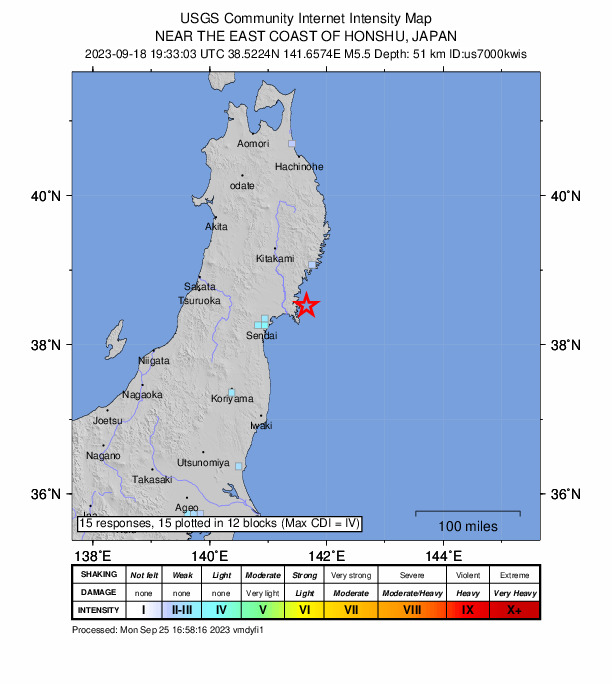 USGS DYFI community-reported intensity map for the M5.5 earthquake near 20 km ENE of Onagawa Chō, Japan