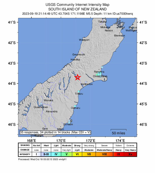 USGS DYFI community-reported intensity map for the M5.5 earthquake near Canterbury, New Zealand