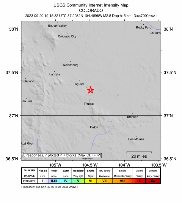 USGS DYFI community-reported intensity map for the M2.8 earthquake near 7 km NNW of El Moro, Colorado