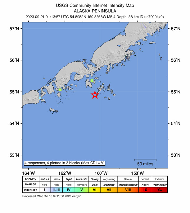 USGS DYFI community-reported intensity map for the M5.4 earthquake near 47 km S of Sand Point, Alaska