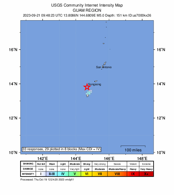 USGS DYFI community-reported intensity map for the M5.0 earthquake near 36 km NNW of Dededo Village, Guam