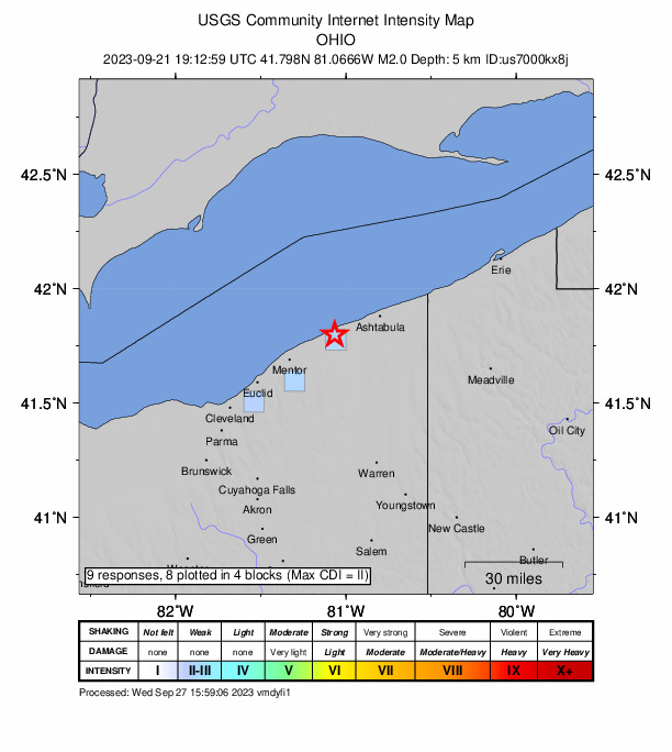 USGS DYFI community-reported intensity map for the M2.0 earthquake near Ohio