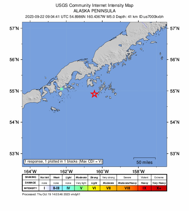USGS DYFI community-reported intensity map for the M5.0 earthquake near 48 km S of Sand Point, Alaska