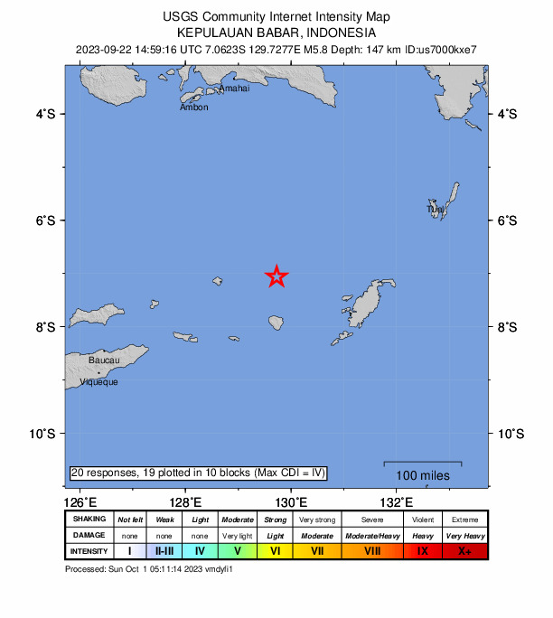 USGS DYFI community-reported intensity map for the M5.8 earthquake near Kepulauan Babar, Indonesia