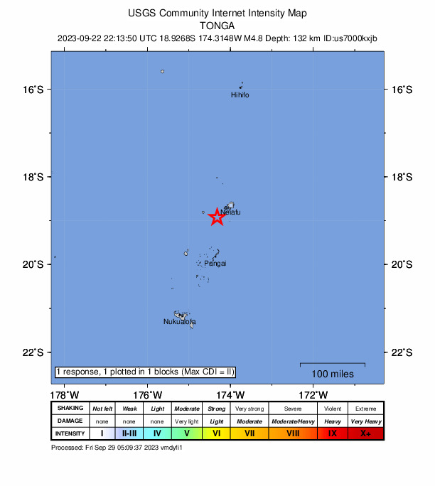 USGS DYFI community-reported intensity map for the M4.8 earthquake near 46 km SW of Neiafu, Tonga