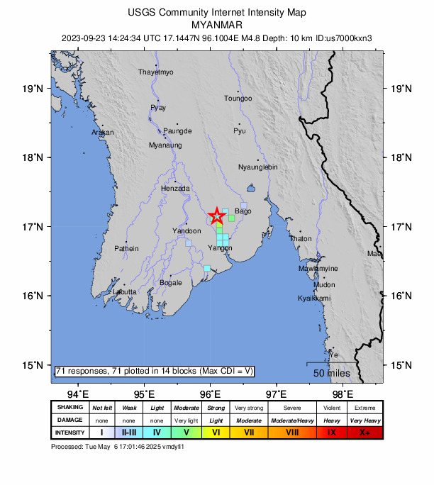 USGS DYFI community-reported intensity map for the M4.8 earthquake near 38 km N of Yangon, Myanmar