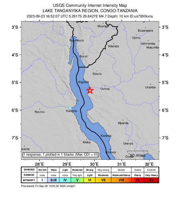 USGS DYFI community-reported intensity map for the M4.7 earthquake near 56 km SSE of Kigoma, Tanzania