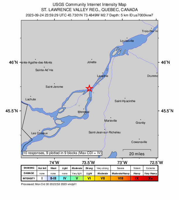 USGS DYFI community-reported intensity map for the M2.7 earthquake near 1 km N of Charlemagne, Canada