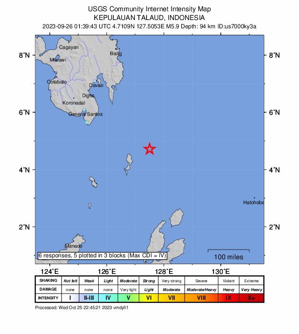 USGS DYFI community-reported intensity map for the M5.9 earthquake near 234 km SE of Pondaguitan, Philippines