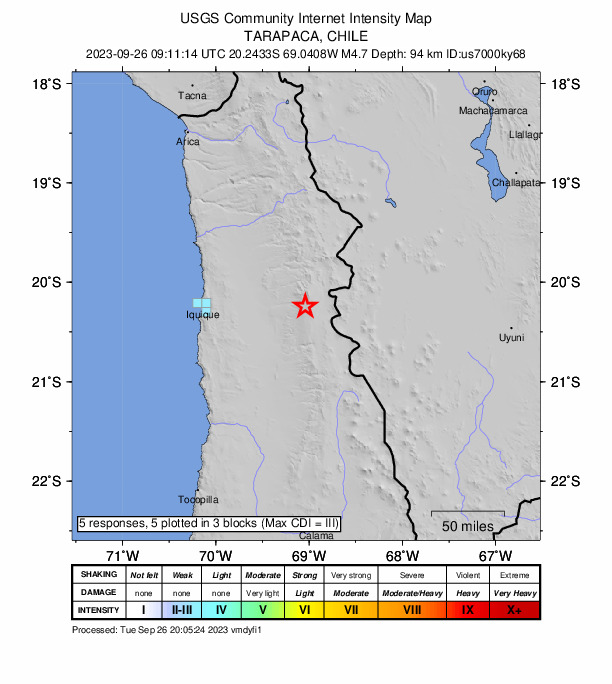 USGS DYFI community-reported intensity map for the M4.7 earthquake near 65 km E of La Tirana, Chile