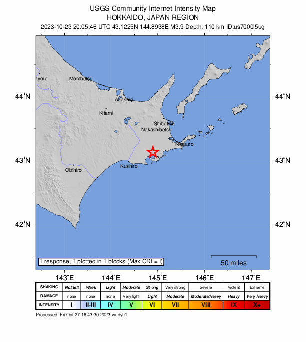 USGS DYFI community-reported intensity map for the M3.9 earthquake near 10 km NE of Akkeshi, Japan