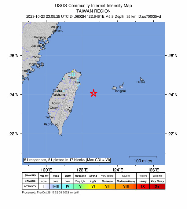 USGS DYFI community-reported intensity map for the M5.9 earthquake near 59 km SW of Yonakuni, Japan