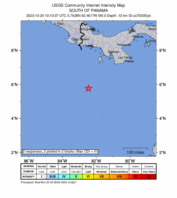 USGS DYFI community-reported intensity map for the M5.0 earthquake near 249 km SSW of Río Grande, Panama