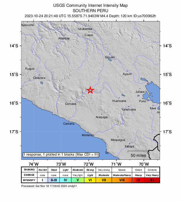 USGS DYFI community-reported intensity map for the M4.4 earthquake near 2 km N of Tapay, Peru