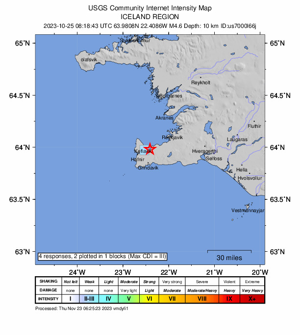 USGS DYFI community-reported intensity map for the M4.6 earthquake near 1 km W of Vogar, Iceland