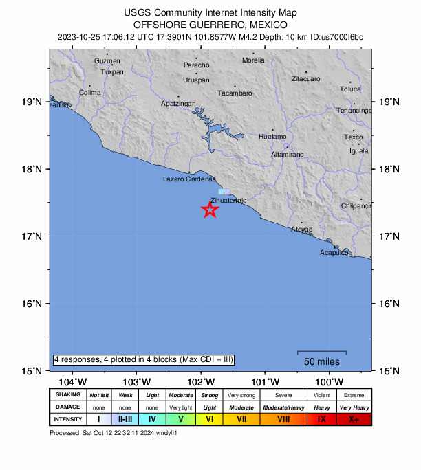 USGS DYFI community-reported intensity map for the M4.2 earthquake near 38 km SW of Ixtapa, Mexico