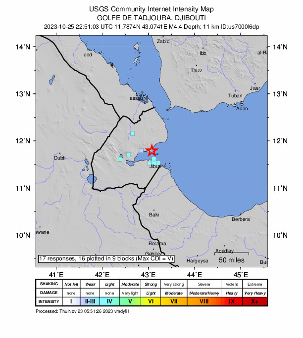 USGS DYFI community-reported intensity map for the M4.4 earthquake near 20 km E of Tadjourah, Djibouti
