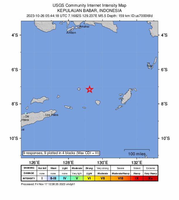 USGS DYFI community-reported intensity map for the M5.5 earthquake near 288 km ENE of Lospalos, Timor Leste