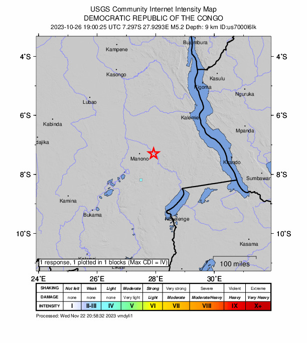 USGS DYFI community-reported intensity map for the M5.2 earthquake near 177 km SE of Kabalo, Democratic Republic of the Congo