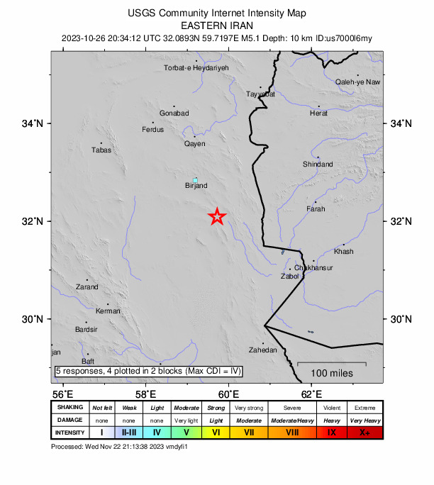 USGS DYFI community-reported intensity map for the M5.1 earthquake near 98 km SSE of Bīrjand, Iran