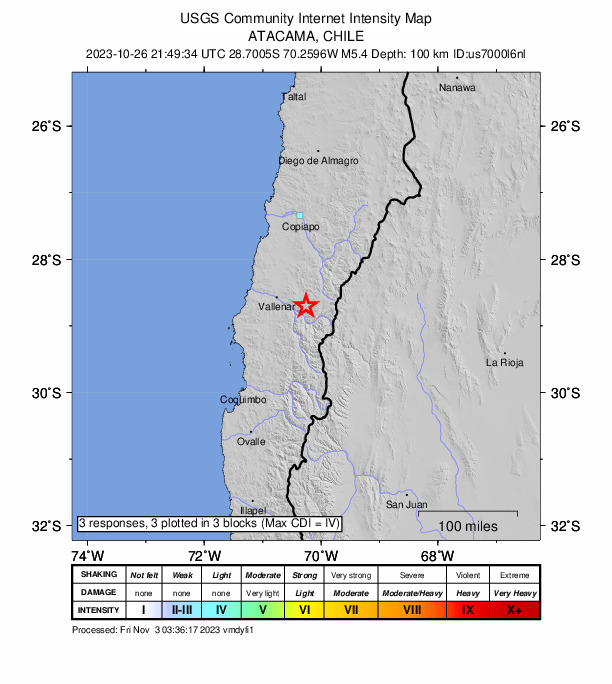 USGS DYFI community-reported intensity map for the M5.4 earthquake near 50 km ESE of Vallenar, Chile