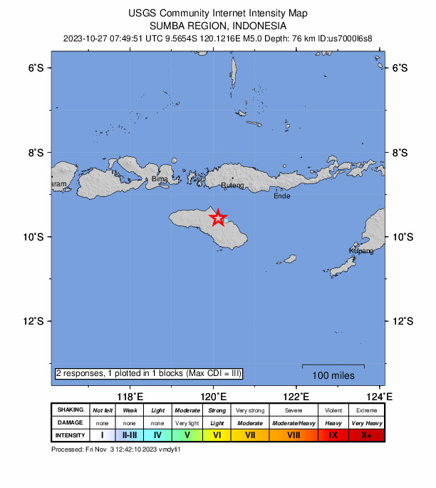 USGS DYFI community-reported intensity map for the M5.0 earthquake near 18 km WNW of Waingapu, Indonesia