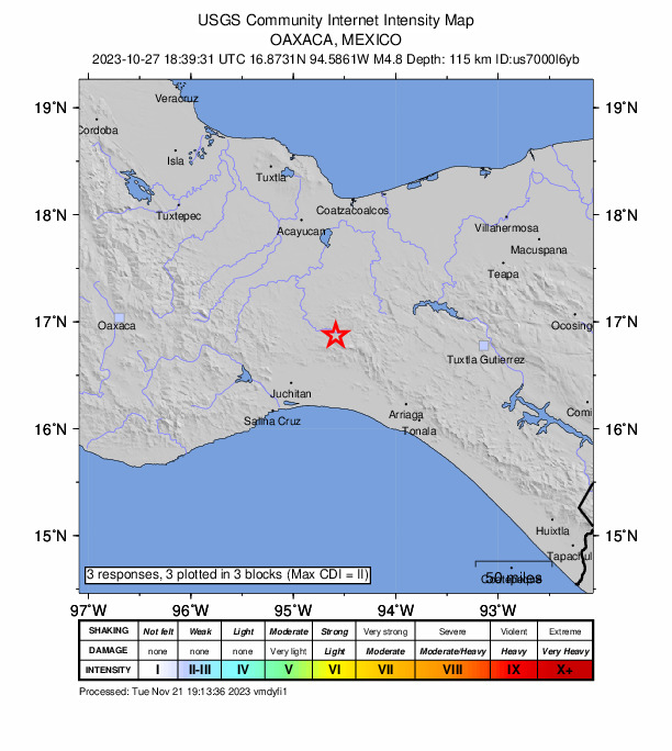 USGS DYFI community-reported intensity map for the M4.8 earthquake near 10 km ESE of Santa María Chimalapa, Mexico